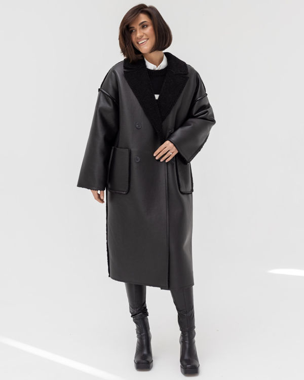  Зображення Жіноча дублянка подовжена чорна з чорним хутром 