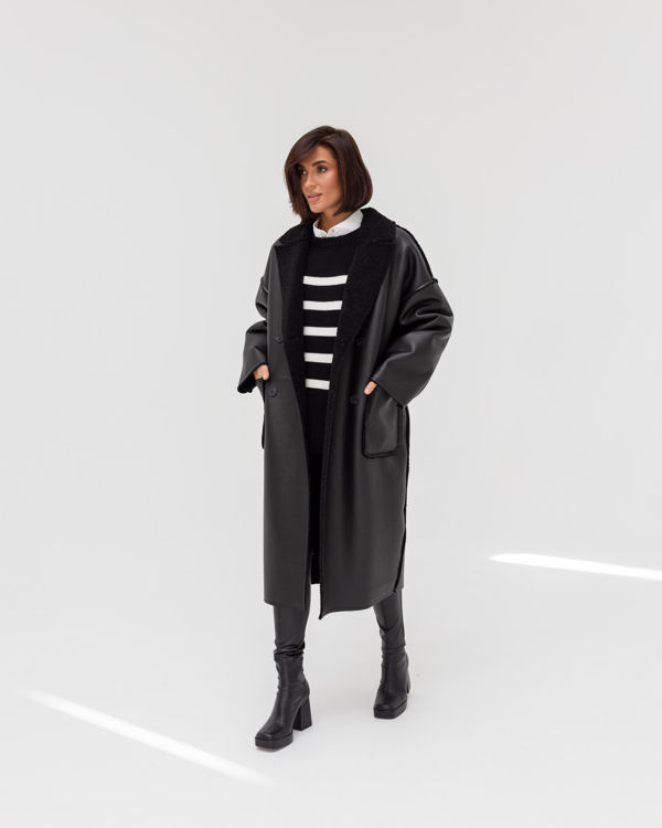  Зображення Жіноча дублянка подовжена чорна з чорним хутром 