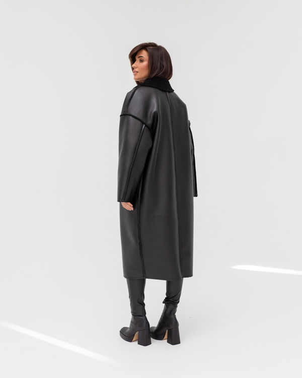  Зображення Жіноча дублянка подовжена чорна з чорним хутром 