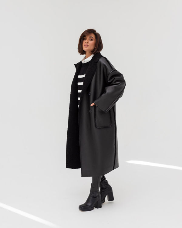  Зображення Жіноча дублянка подовжена чорна з чорним хутром 