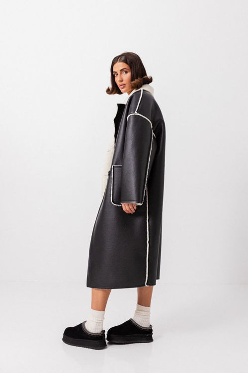  Зображення Жіноча дублянка подовжена -чорна з молочним хутром 