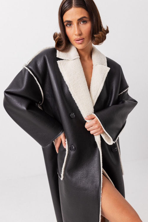  Зображення Жіноча дублянка подовжена -чорна з молочним хутром 