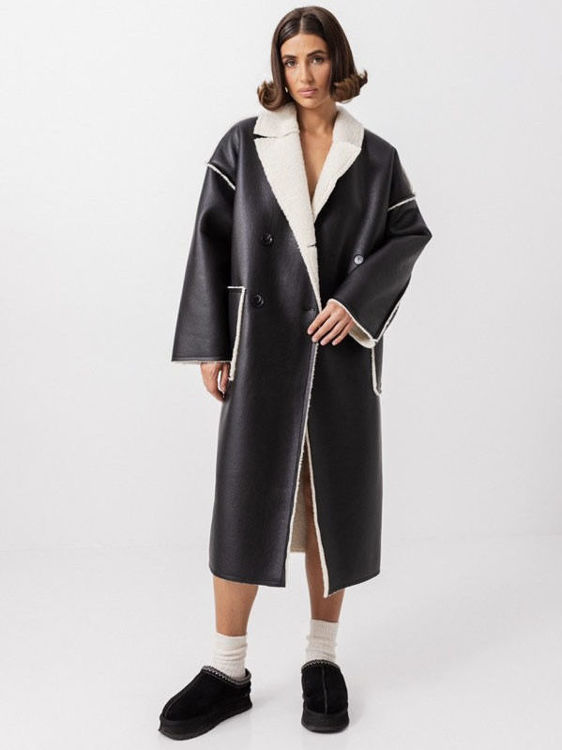  Зображення Жіноча дублянка подовжена -чорна з молочним хутром 