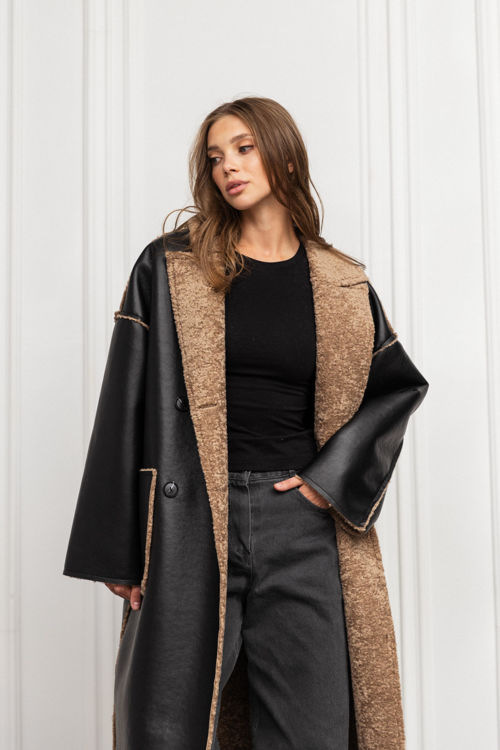  Зображення Жіноча дублянка подовжена чорна з коричневим хутром 