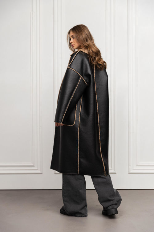  Зображення Жіноча дублянка подовжена чорна з коричневим хутром 