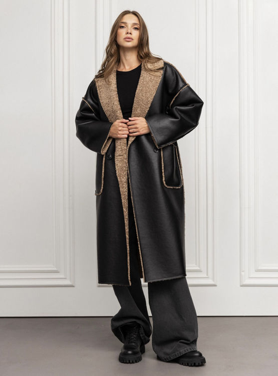  Зображення Жіноча дублянка подовжена чорна з коричневим хутром 