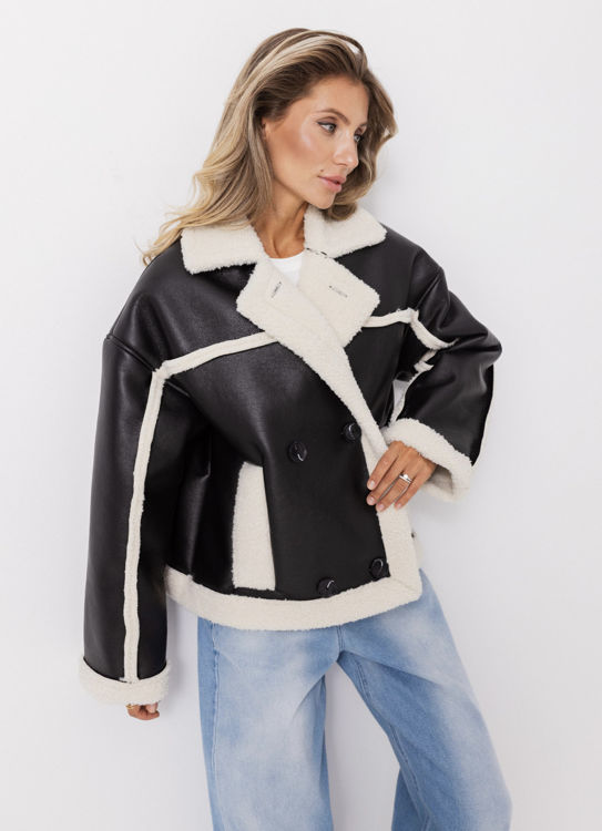  Зображення Жіноча дублянка з хутром чорна з молочним хутром 