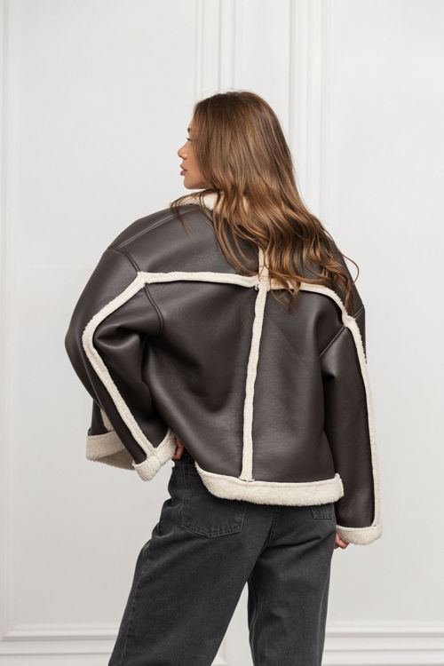  Зображення Жіноча дублянка з хутром сіро-молочна 