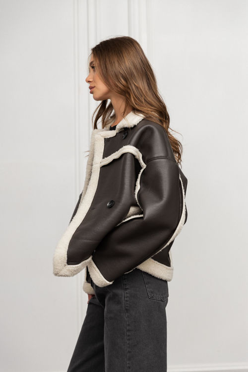  Зображення Жіноча дублянка з хутром сіро-молочна 