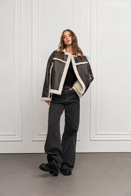  Зображення Жіноча дублянка з хутром сіро-молочна 