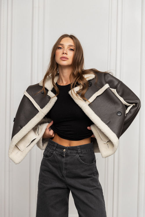  Зображення Жіноча дублянка з хутром сіро-молочна 