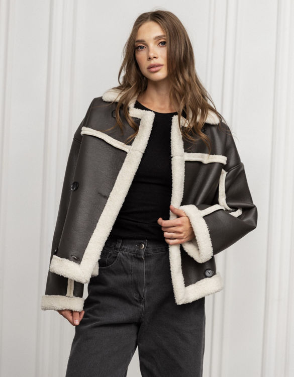  Зображення Жіноча дублянка з хутром сіро-молочна 