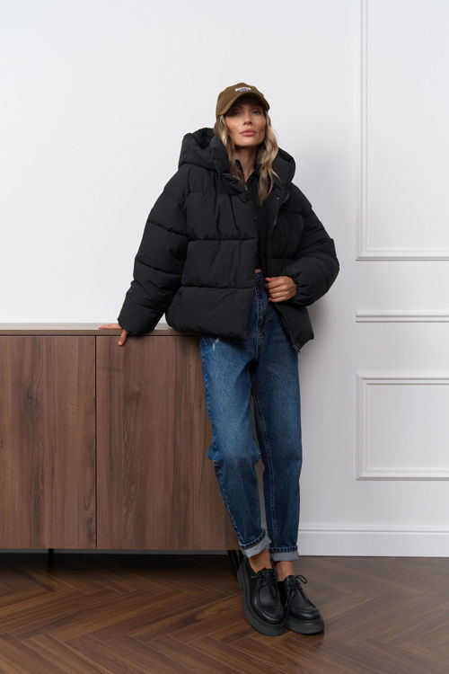  Зображення Куртка - пуфер з відстібним капюшоном чорна 