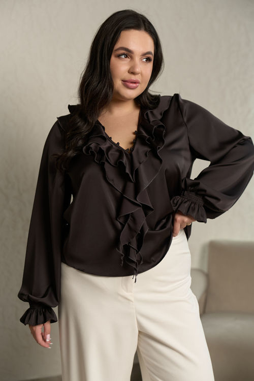  Зображення Шовкова блуза з воланами та обʼємними рукавами (XL,2XL,3XL) 